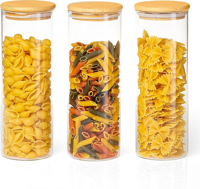 Glass Food Storage Containers with Bamboo Lids, 3 Pack - 32 Fluid oz Airtight Clear Kitchen Organization Canisters