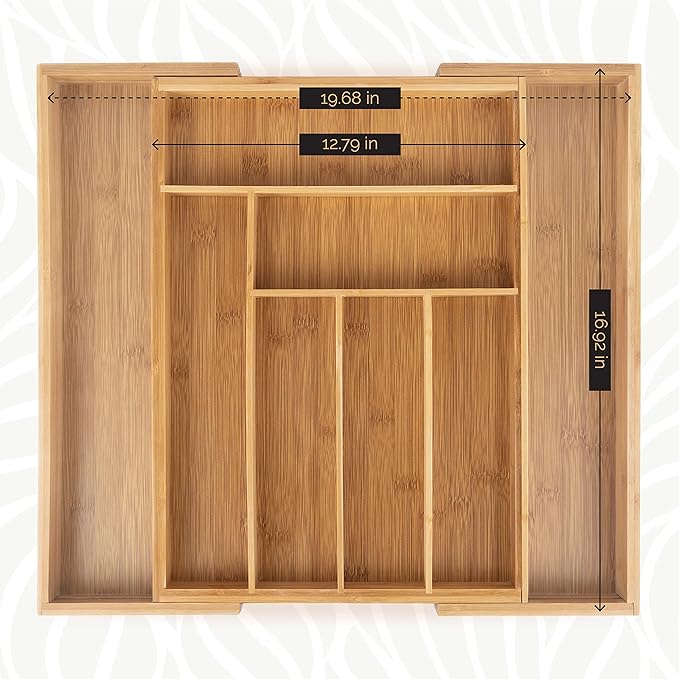 Masirs Expandable Bamboo Kitchen Drawer Organizer - Adjusts to Fit Drawer Size, Ideal for Silverware, Utensils, and Office Supplies, Durable Bamboo Construction