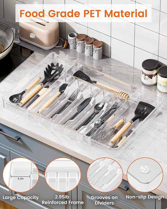 Flatware Organizer for Drawer Silverware Tray, Adjustable Food Grade Utensil Organizer Cutlery Holder for Kitchen Drawer, Heavy-Duty Plastic Storage for Spoons Forks Knives, Large, Clear