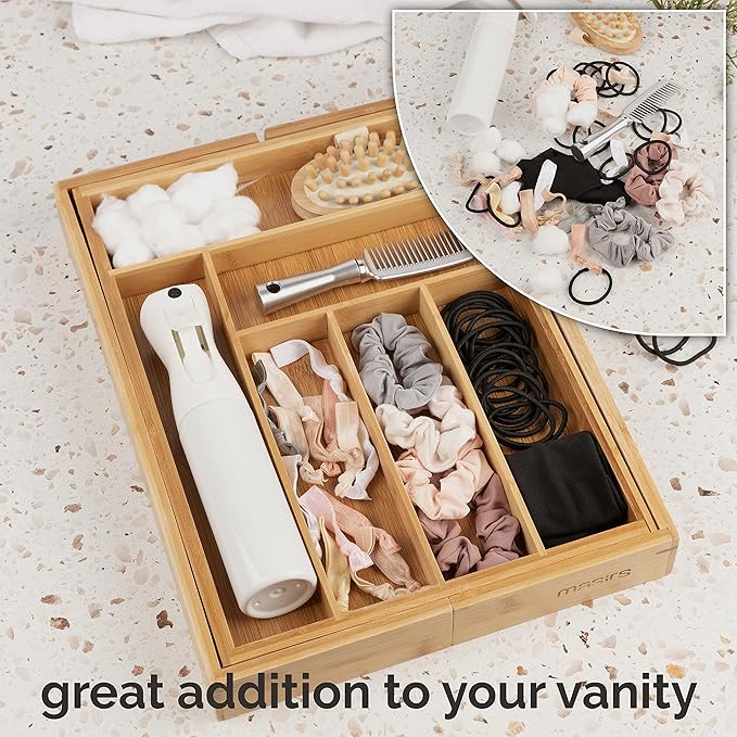 Masirs Expandable Bamboo Kitchen Drawer Organizer - Adjusts to Fit Drawer Size, Ideal for Silverware, Utensils, and Office Supplies, Durable Bamboo Construction