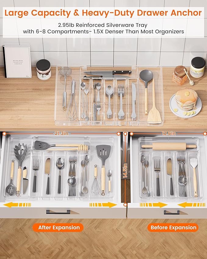 Flatware Organizer for Drawer Silverware Tray, Adjustable Food Grade Utensil Organizer Cutlery Holder for Kitchen Drawer, Heavy-Duty Plastic Storage for Spoons Forks Knives, Large, Clear