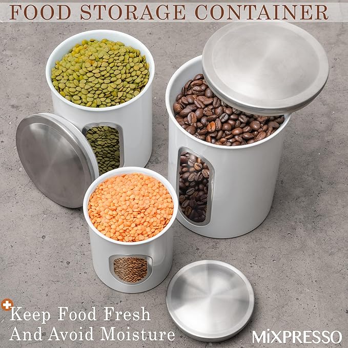 Mixpresso 3 Piece White Canisters Sets For The Kitchen, Kitchen Jars With See Through Window, Airtight Coffee Container Tea Organizer & Sugar Canister, Kitchen Canisters Set of 3 White Kitchen Decor.