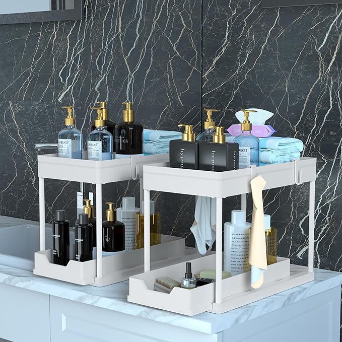 Cabinet, 2 Pack Under Sink Organizer, 2 Tier Sliding Bathroom Kitchen Organizer, Large White ABS Baskets, Easy Install & Clean
