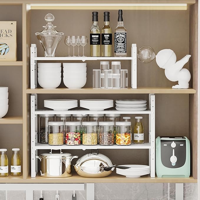 Expandable Shelf for Cabinet Organizer Adjustable Stackable Spice Rack at Kitchen and Bathroom More, Counter Countertop Cupboard Organization Pantry Storage(3 Packs/White,Medium)