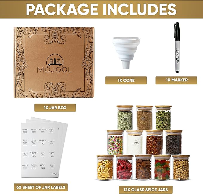 4/12 Pieces Glass Spice Jars with Bamboo Airtight Lids, Labels, Marker, and Cone- Clear Multipurpose Storage Containers (12)