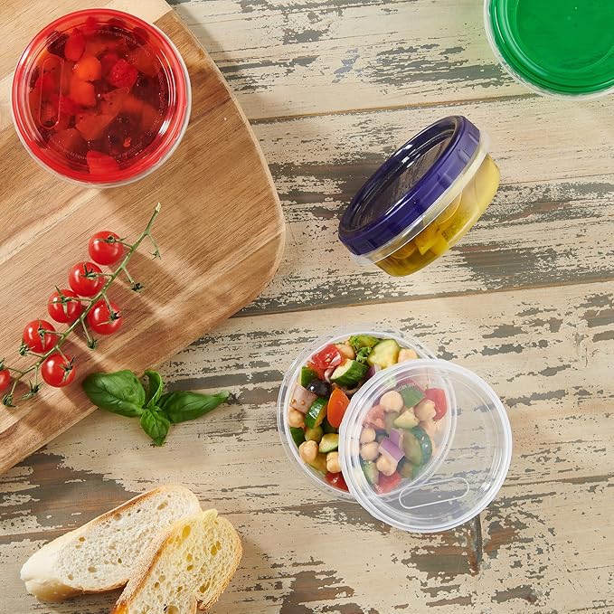 8 ounce Plastic Food Storage Containers with colored Twist Top Lids Reusable Leak Proof Deli Containers for Freezer Storage Meal Prep (12)