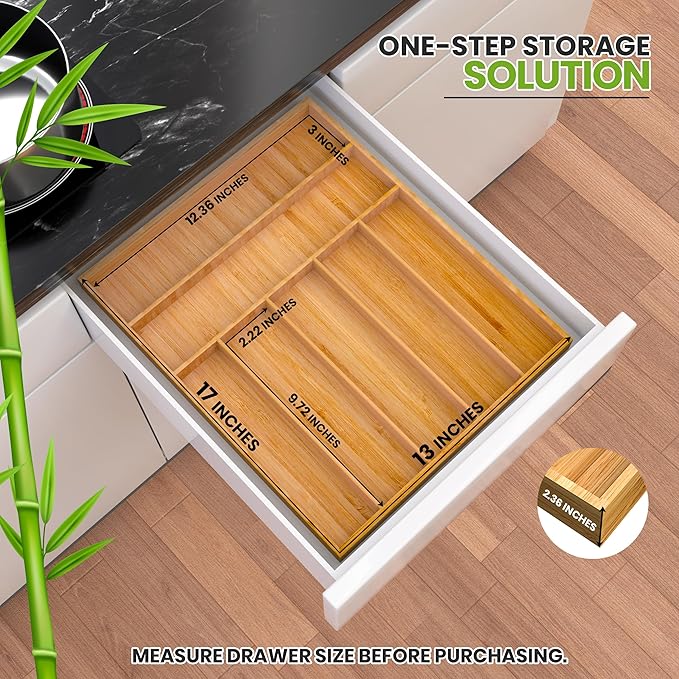 Utopia Kitchen Silverware Organizer, Bamboo Utensil Drawer Organizer for Cutlery, Utensils & Flatware (7 Compartment, Natural) Pack of 1