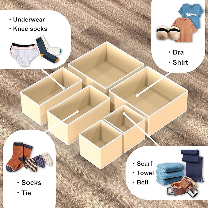 Simple Houseware Underwear Drawer Organizer for Lingerie/Undergarment/Bra/Panty/Sock/Onesie, Set of 6, Beige