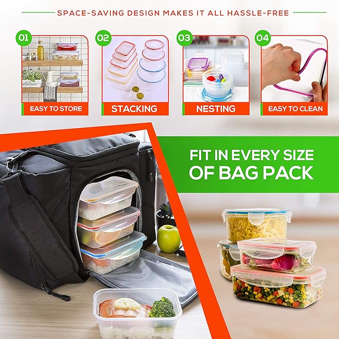 RFAQK 28 Pcs Food Storage Containers with Airtight Lids-(85OZ to 1.2OZ) 14 Clear Plastic Containers with 14 Lids-Large Meal Prep Fruits Containers for Kitchen-Freezer,Microwave and Dishwasher Safe
