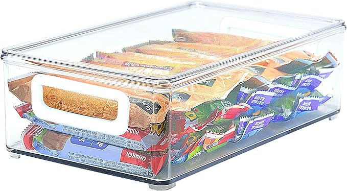 Youngever 2 Pack Stackable Plastic Storage Organizer Container Bins with Lids, Stackable Storage Bins with Handler for Refrigerator, Pantry (10" x 6" x 3")