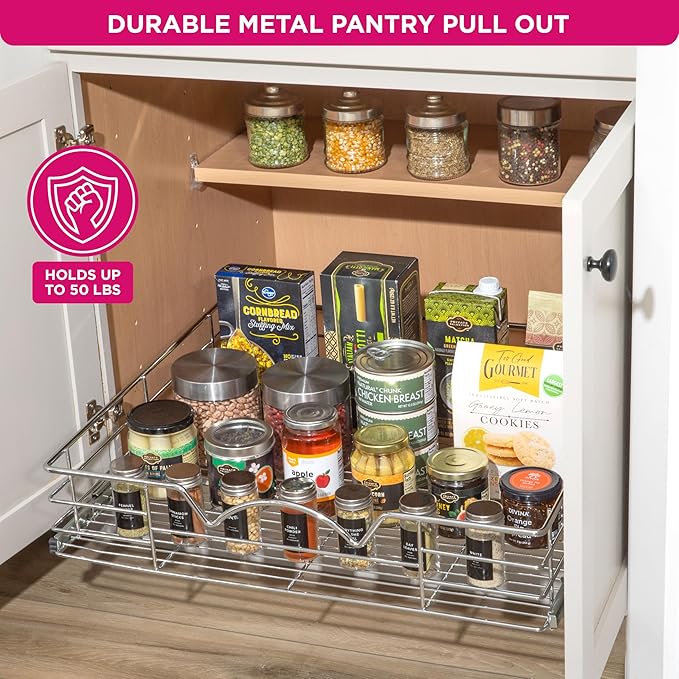 HOLDN’ STORAGE Heavy-Duty Premium Collection Pull Out Cabinet Organizer - Cabinet Drawer Slide Outs Metal Chrome (Chrome, 26 Inch)