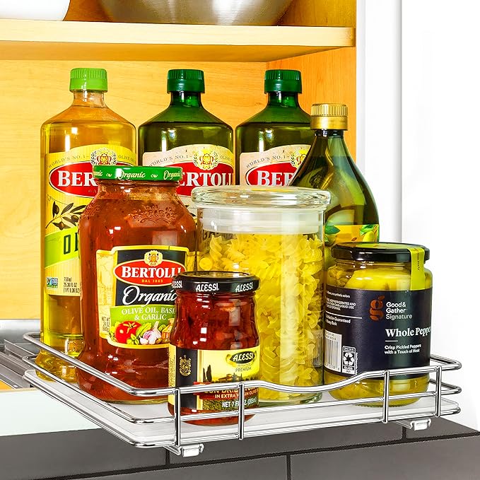 LYNK PROFESSIONAL® Pull Out Spice Rack Organizer for Inside Kitchen Cabinets - 10-1/4 inch Wide - Slide Out Drawer – Chrome Sliding Spice Cabinet Organization Shelf Racks - 1 Tier