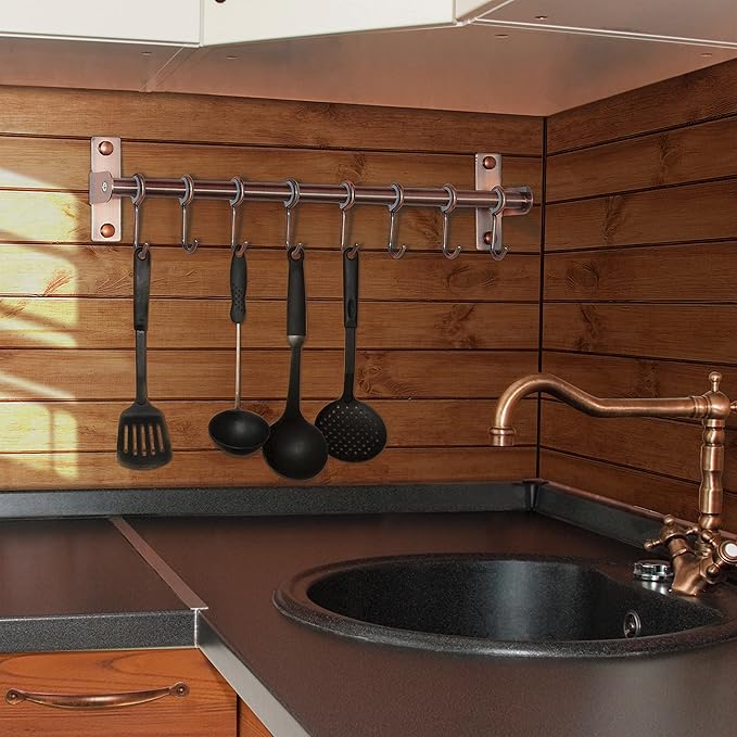 Dseap Kitchen Hooks for Hanging Utensils, Hanging Pot Rack, Kitchen Utensil Hanger Rail with 8 Hooks for Pots Pans, Spoons, Mugs, Wall Mounted, Stainless Steel, Antique Copper, Pack of 2