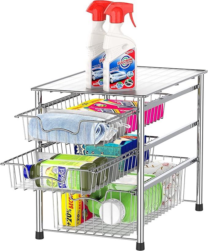 Simple Houseware Stackable 3 Tier Sliding Basket Organizer Drawer, Chrome