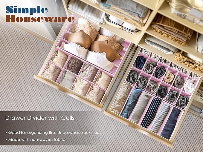 Simple Houseware 4-Pack Drawer Organizer Set - Closet Dividers for Underwear, Socks, Bras, Scarves, Ties - Foldable Non-Woven Storage Boxes, Pink