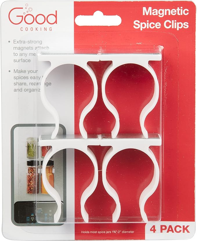 Good Cooking Magnetic Spice Rack Gripper Clips- Set of 4 Universal Spice Jar Clips - Easily Organize and Reorganize Dispensers- No Screws Needed