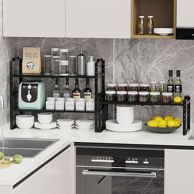 Expandable Shelf for Cabinet Organizer Adjustable Stackable Spice Rack at Kitchen and Bathroom More, Counter Countertop Cupboard Organization Pantry Storage (2 Packs/Black, Medium)