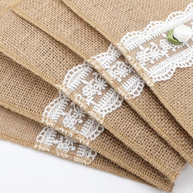 AOKQYA Wedding Utensil Holders - White Rose Lace Burlap Flatware Pouch for Cutlery Table Setting Set of 10 (Rose)