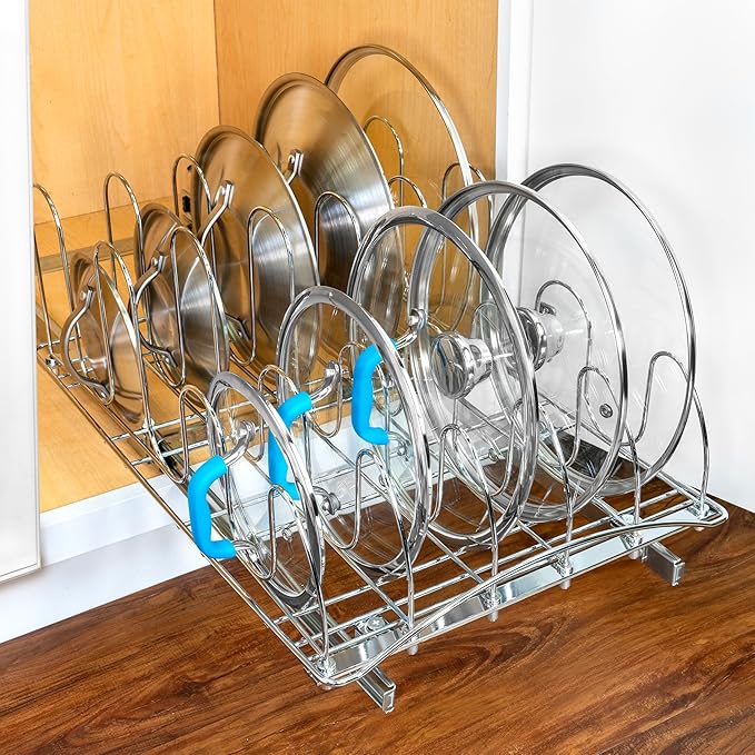 LYNK PROFESSIONAL® Pull Out Pot Lid and Cookie Sheet Organizer Rack for Cabinet - Lifetime Ltd. Warranty - Sliding Kitchen Organizers – Pans, Lids, and Tray Storage - 14W x 21D, Extra-Large, Chrome