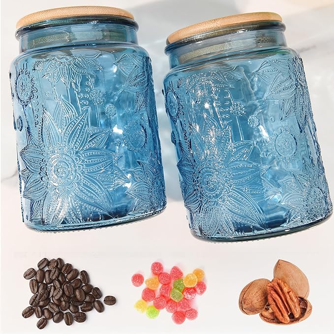Blue Vintage Glass Candy Jar with Airtight Bamboo Lid, 23.7oz Kitchen Storage Canister for Sugar, Coffee, Tea, Cookies, Bath Salt - Decorative Mason Jar for Pantry & Counter(Blue, 23.7 fl oz)