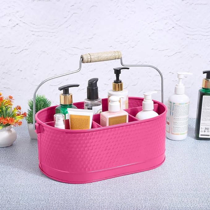Alpha Living Home - Rustic Utensil Caddy – Metal & Wood Flatware Organizer with Handle – Silverware Holder for Kitchen Countertop, Picnic, BBQ, Parties – 4 Compartments – Bright Pink
