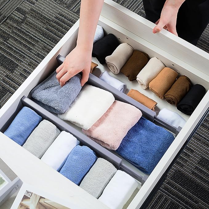 Utoplike Bamboo Drawer Dividers Large, Gray Kitchen Drawer Organizers Adjustable, Spring Loaded, Works in Dresser, Bathroom, Bedroom, Desk, 4 pcs