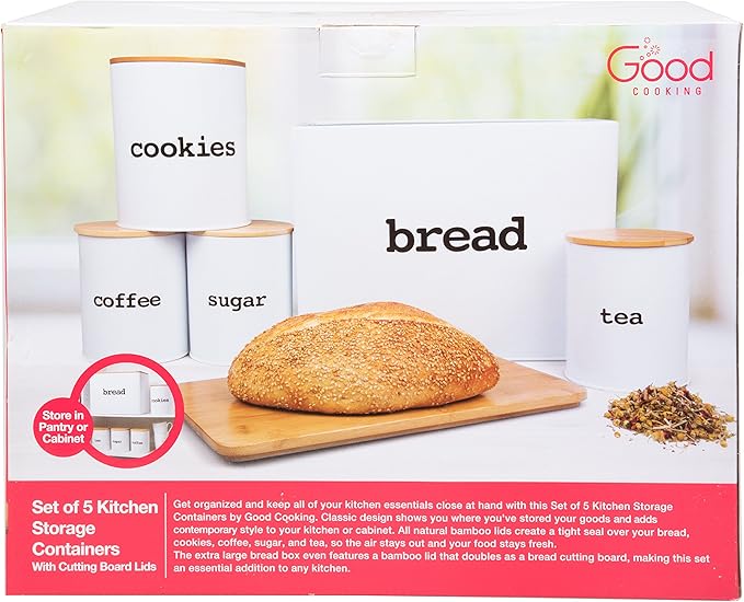 Airtight Metal Canister Set for the Kitchen w Lids and Cutting Board and Lids (10pc Set) - Organize Tea, Sugar, Coffee, Cookie Jar, Snacks, Breadbox with Ease - Kitchen Gift for the Cooking Enthusiast