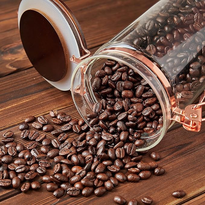 Glass Coffee Container with Wooden Shelf, 2 x 40 FLOZ Coffee Bean Storage with Sealed Closure Clips and Copper Spoon, Kitchen Large Capacity Food Storage Jar, Ground Coffee Container