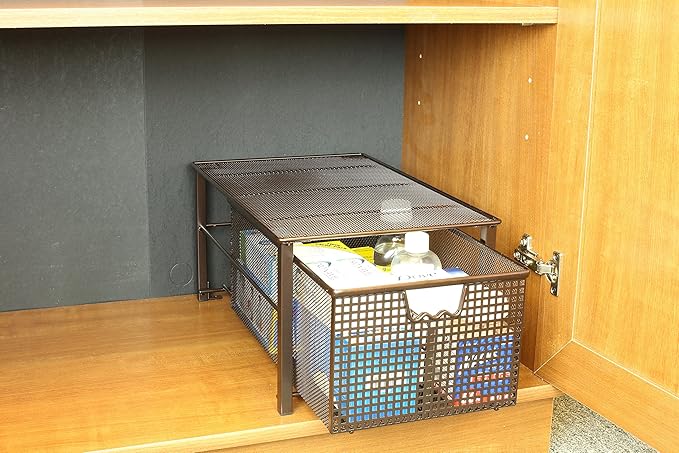 Deco Brothers Stackable Pull Out Cabinet Sliding Basket with Dividers, Large, Bronze