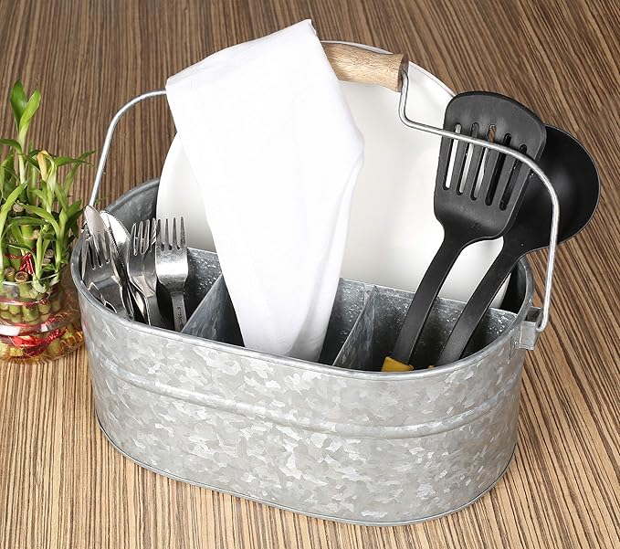 Alpha Living Home - Galvanized Metal Utensil Caddy – Rustic Farmhouse Organizer for Kitchen, Buffet & Outdoor Events, 13.5"x10"x5.5" with Removable Handle & Multi-Compartment Storage