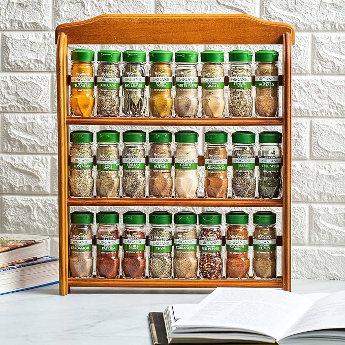 McCormick Gourmet Three Tier Wood 24 Piece Organic Spice Rack Organizer with Spices Included, 27.6 oz