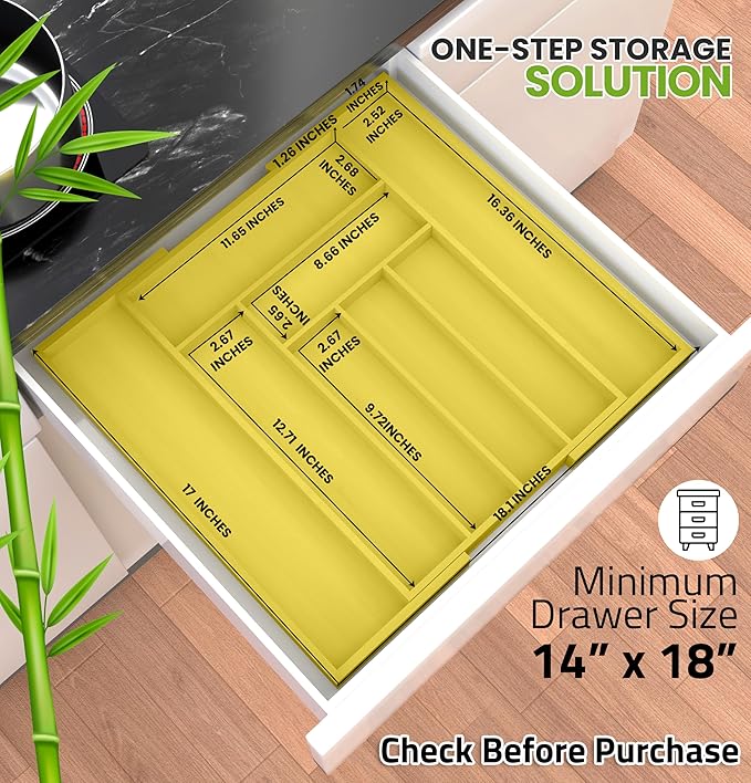 Utopia Kitchen Silverware Organizer, Expandable Bamboo Utensil Drawer Organizer, Kitchen Drawer Organizer, Silverware Organizer for Cutlery, Utensils, Flatware Holder (6-8 Slots, Yellow) Pack of 1