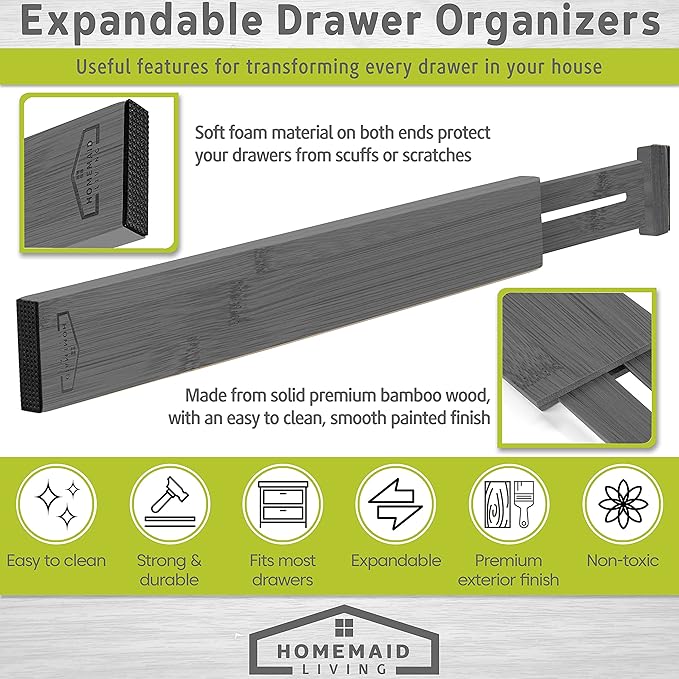 Homemaid Living Bamboo Drawer Dividers Adjustable and Expandable, Kitchen Drawer Organizer, Ideal for Silverware, Dresser Drawer Organizer or Bedroom, Bathroom Drawers Organizers (4pk)