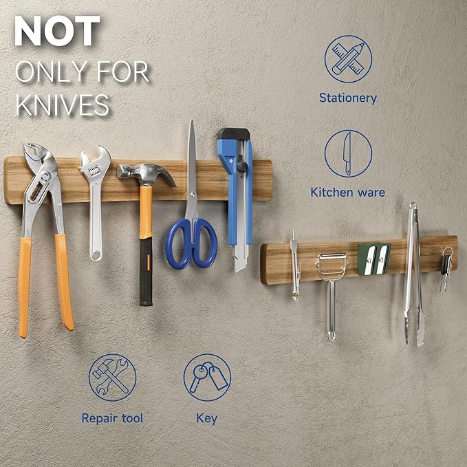 Magnetic Knife Holder for Wall, 16" Acacia Wood Knife Magnetic Strip Powerful Magnet Knife Holder Strip No Drill Use as Tool Key Storage Knife Bar, Knife Rack for Kitchen Utensil Organizer Light Brown