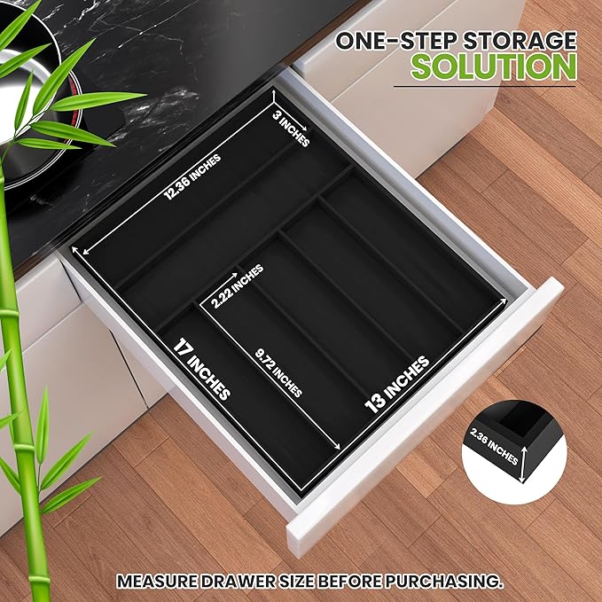 Utopia Kitchen Silverware Organizer, Bamboo Utensil Drawer Organizer for Cutlery, Utensils & Flatware (7 Compartment, Black) Pack of 1