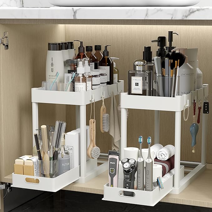 2PC Under Sink Organizer Rack 2 Tier Under Sliding Cabinet Basket Organizer Drawer with 4 Hooks, Multi-purpose Under Sink Storage for Bathroom Kitchen Desktop(White)