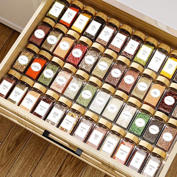 24 Glass Spice Jars with Label, Spice Jar Set with Bamboo Lids 4oz Seasoning Containers Shakers & Spice Labels, Empty Spice Bottles, Kitchen Organization Storage for Cabinet Drawer Decor Essentials