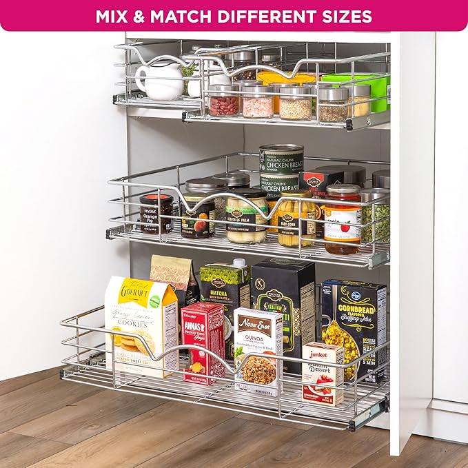 HOLDN’ STORAGE Heavy-Duty Premium Collection Pull Out Cabinet Organizer - Cabinet Drawer Slide Outs Metal Chrome (Chrome, 26 Inch)