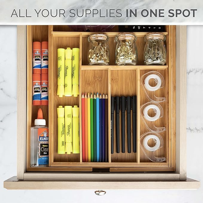 Masirs Expandable Bamboo Kitchen Drawer Organizer - Adjusts to Fit Drawer Size, Ideal for Silverware, Utensils, and Office Supplies, Durable Bamboo Construction