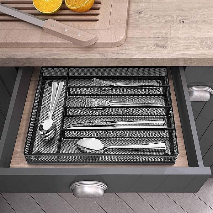LIANYU 40-Piece Silverware Set with Drawer Organizer Set for 8, Stainless Steel Square Flatware Cutlery Set for 8, Kitchen Party Restaurant Eating Utensils Tableware, Mirror Polished, Dishwasher Safe
