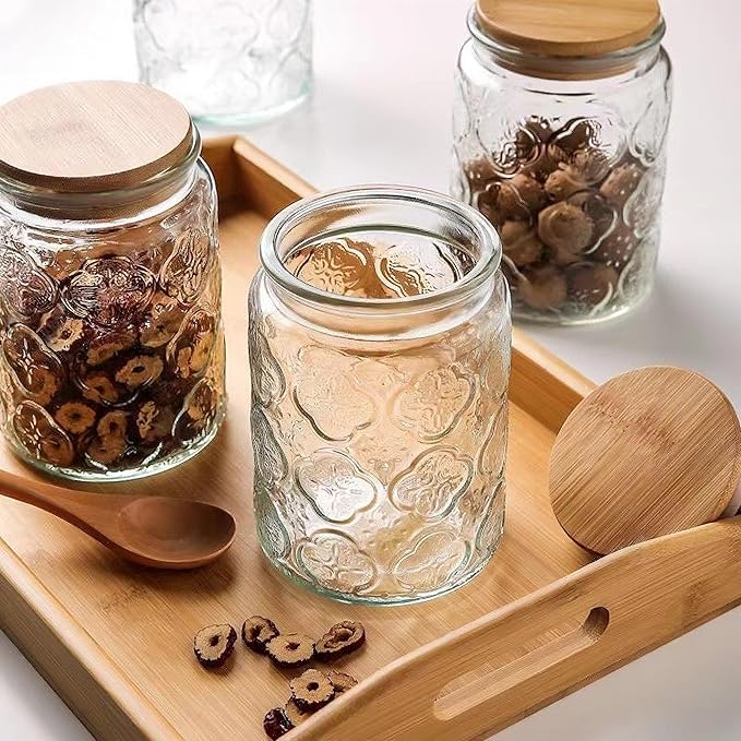 Glass Storage Jars With Airtight Lid, 23.7oz Canister For Kitchen Counter with Bamboo Lid, brown sugar, candy, coffee, cookie, salt, tea,pantry cute Jar (Begonia & Sunflower)