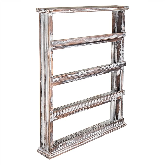 MyGift Rustic Torched Wood Wall Hanging Spice Rack, 4 Tier Seasoning Jar Shelves Pantry Organizer