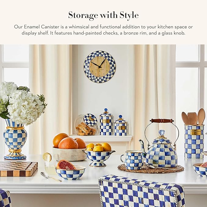 MACKENZIE-CHILDS Large Enamel Canister, Kitchen Storage Container for Flour and Sugar, 1.89 Liters, Blue-and-White Royal Check