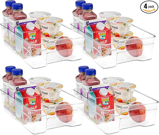 SIMPLEMADE Clear Refrigerator Organizer Bins - Clear Bins for Fridge, Containers for Fridge and Freezer, Multipurpose Storage for Kitchen, Office, Bathroom, Pack of 4 (8" x 12")