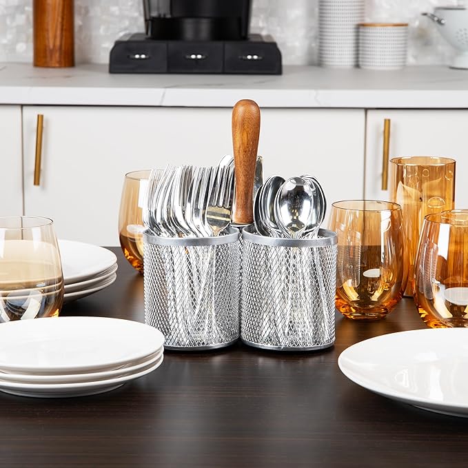 Mind Reader Utensil Holder, Silverware Organizer, Caddy, Cutlery Holder, Kitchen, Metal Mesh, 7.5" L x 7.5" W x 9.75" H, Silver