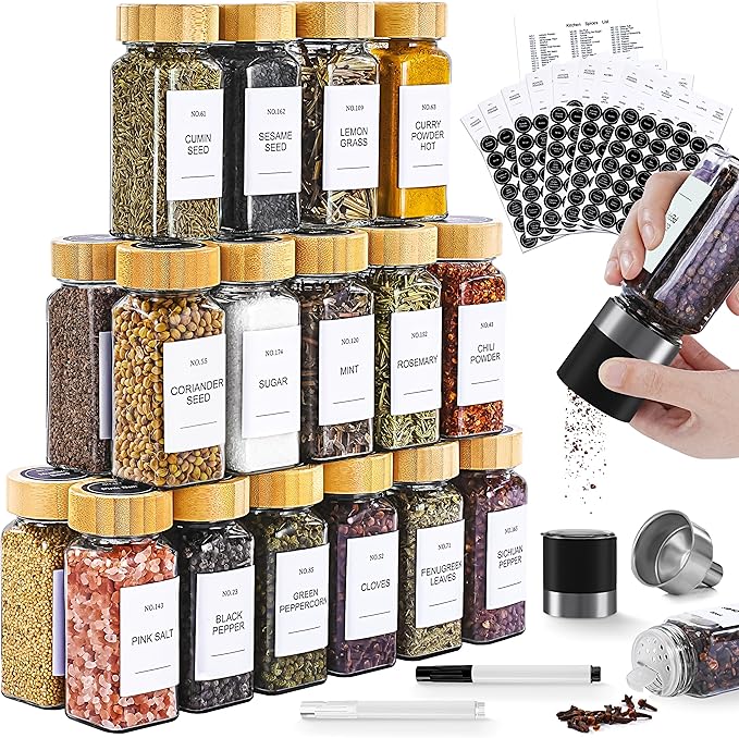 Spice Jars, 24 Pcs 4oz Seasoning Jars with Label, Glass Jars with Bamboo Lids, Spice Containers Bottles with Pepper Grinder & Stainless Steel Funnel for Seasoning Organizer, Cabinet, Drawer