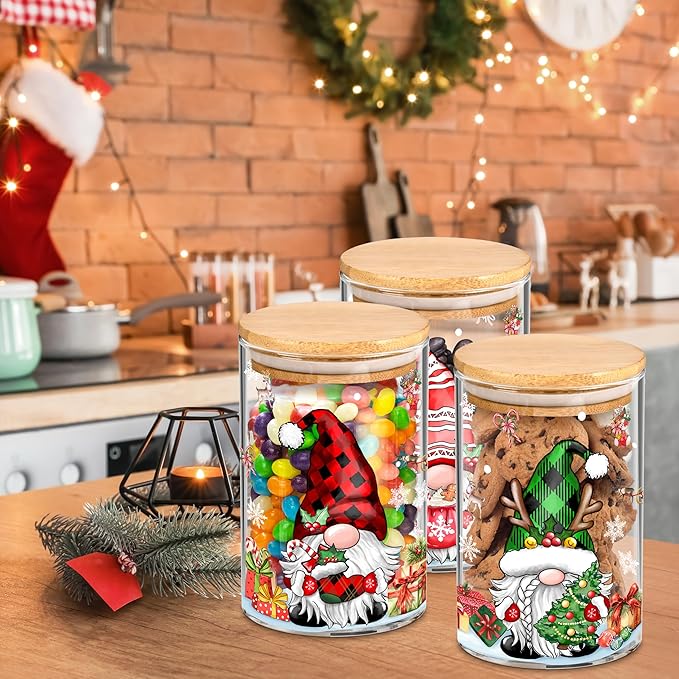 3 Pack Christmas Glass Storage Jars With Airtight Bamboo Lid Gnome Snowflakes Canister Sets for Kitchen Countertop Decor Cookie Jars Candy Containers