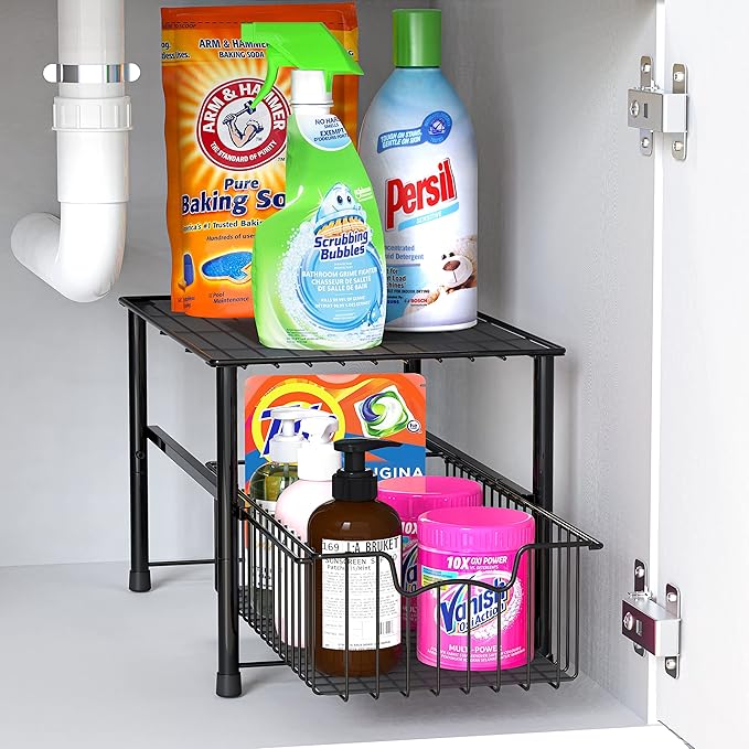 Simple Houseware Stackable Under Sink Cabinet Sliding Basket Organizer Drawer, Black