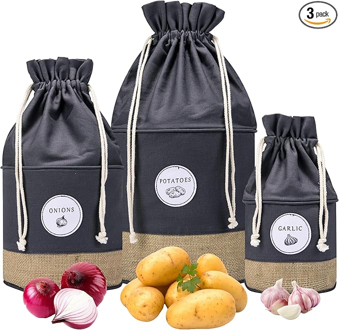 MERAKI HOME Potato Onion Garlic Storage Containers - Farmhouse Kitchen Storage Organization Pots - Sustainable Jute Cotton Vegetable Baskets Bins - Drawstring Holder