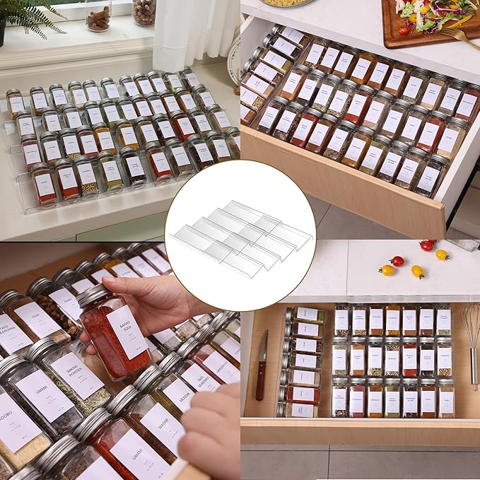 Acrylic Spice Drawer Organizer, 4 Tier- 2 Set Spice Rack Organizer for Cabinet Expandable From 13" to 26", Kitchen Seasoning Jars Drawers Insert Tray (Jars not included)